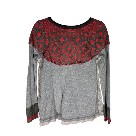 We The Free Womens Cabin In The Woods Thermal Shirt Nordic Lace Gray/Red - Picture 4 of 9